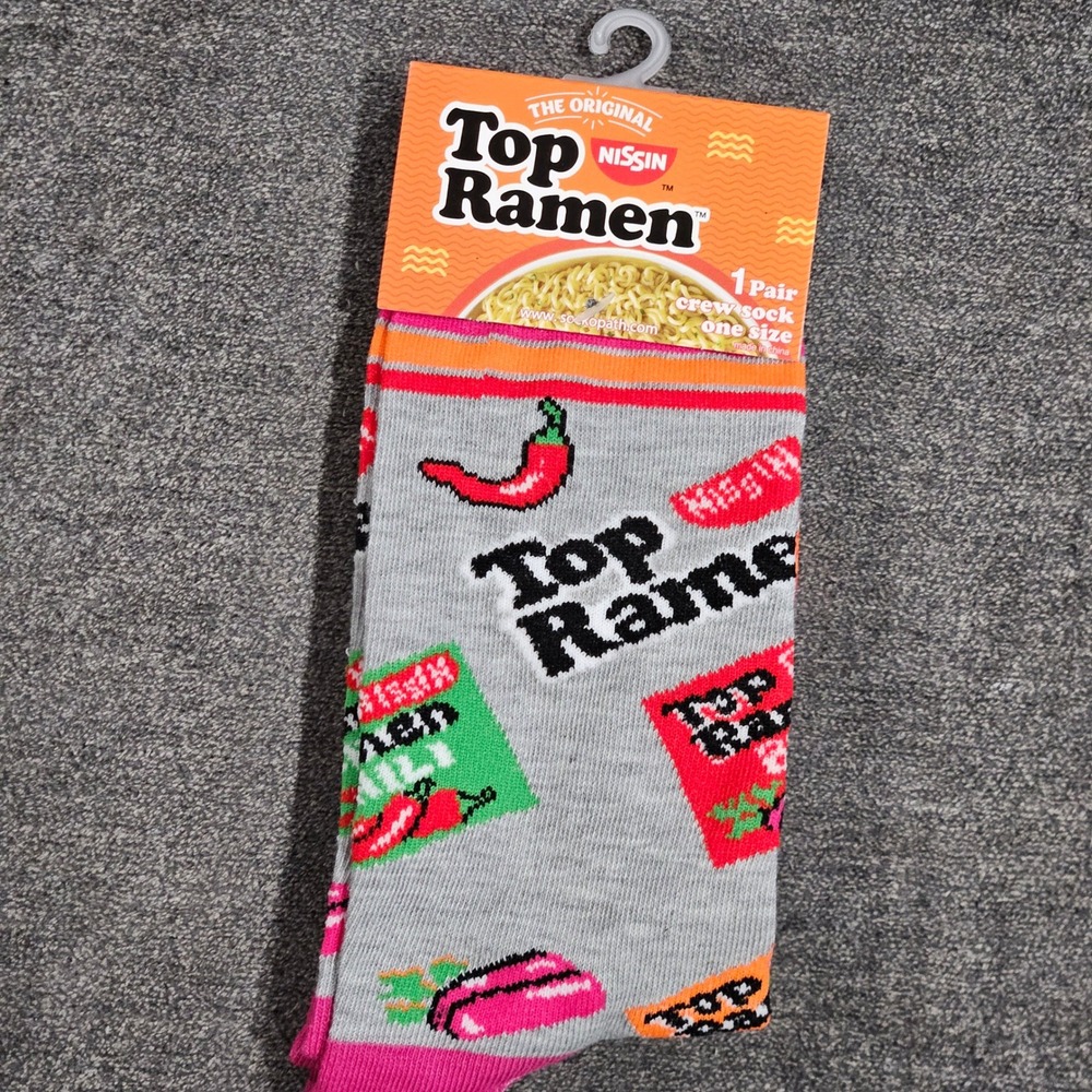 NEW Nissin‎ Top Ramen Crew Socks Novelty Foodie Graphic Print One Size Gray Pink